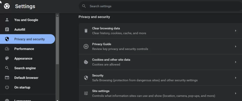 "Site settings" via "Privacy and security" on the "Settings" menu.