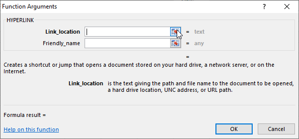 Excel "Functions Arguments" dialog box for "Hyperlink".