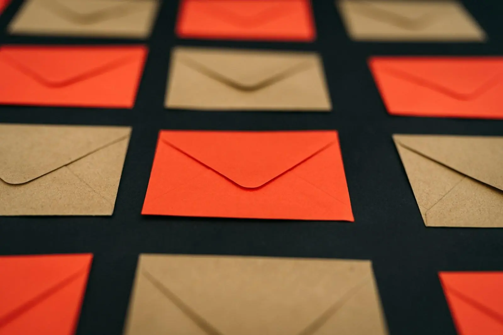 a close up of two types of envelopes, one red, the other brown, on a table.